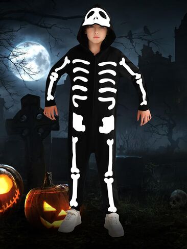 ESHOO Black Halloween Skeleton Costume Kids Girls Boys Hooded Jumpsuit Onesie Halloween Cosplay Outfits 3t 4t 5t 6t 7t 8-12t in Saudi Arabia