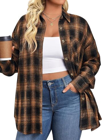 IN'VOLAND Womens Plus Size Flannel Plaid Shirts Roll Up Long Sleeve Casual Collared Button Down Shirt Loose Blouse Top in Kuwait
