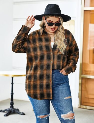 IN'VOLAND Womens Plus Size Flannel Plaid Shirts Roll Up Long Sleeve Casual Collared Button Down Shirt Loose Blouse Top in Kuwait