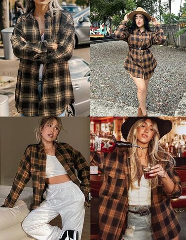 IN'VOLAND Womens Plus Size Flannel Plaid Shirts Roll Up Long Sleeve Casual Collared Button Down Shirt Loose Blouse Top in Kuwait