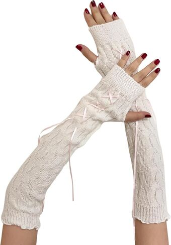 DUNKOING Cute Y2K Arm Warmers Kawaii Knitted Wrist Warmers Long Japanese Harajuku Goth Fingerless Sleeve for Women Girls in Kuwait