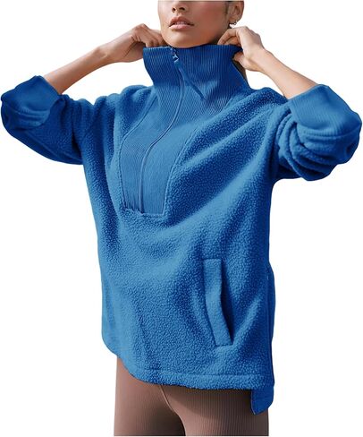 Yeokou المرأة سترة الصوف معطف شيربا اصطف نصف البريدي البلوز الخريف الشتاء غامض كم طويل البلوز وتتسابق مع جيوب in Kuwait