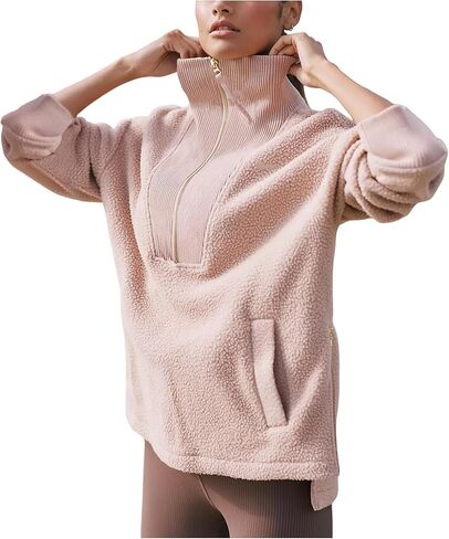 Yeokou Womens Fleece Jacket Coat Sherpa Lined Half Zip Sweatshirt Fall Winter Fuzzy Long Sleeve Pullover Outfits with Pockets in Saudi Arabia