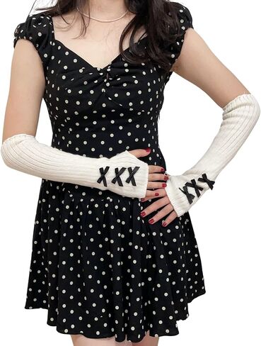 DUNKOING Cute Y2K Arm Warmers Kawaii Knitted Wrist Warmers Long Japanese Harajuku Goth Fingerless Sleeve for Women Girls in Kuwait
