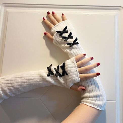 DUNKOING Cute Y2K Arm Warmers Kawaii Knitted Wrist Warmers Long Japanese Harajuku Goth Fingerless Sleeve for Women Girls in Kuwait