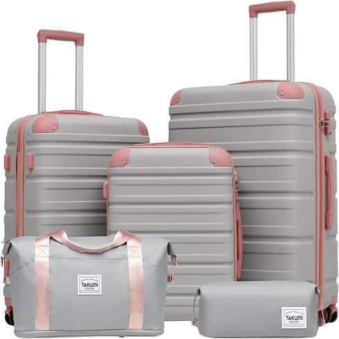 TAKUMI Luggage Set 5 Piece with Duffel Bag ABS Hardshell Suitcase Set with Double Spinner Wheels Travel Lugagge with TSA Lock Lightweight Carry On Suitcase (GREY PINK, 5 PIECE SET) in Saudi Arabia