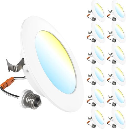 Sunco 12 حزمة 5CCT LED غائرة 6 بوصة، 1200 LM سطوع عالٍ، مصابيح مسطحة رفيعة جدًا، 2700K/3000K/4000K/5000K/6000K قابلة للاختيار، قابلة للتعتيم، 15 وات، تركيب تحديثي - مدرج في قائمة UL in Kuwait