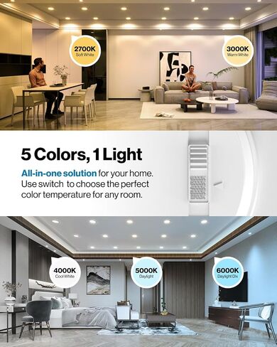 Sunco 12 حزمة 5CCT LED غائرة 6 بوصة، 1200 LM سطوع عالٍ، مصابيح مسطحة رفيعة جدًا، 2700K/3000K/4000K/5000K/6000K قابلة للاختيار، قابلة للتعتيم، 15 وات، تركيب تحديثي - مدرج في قائمة UL in Kuwait