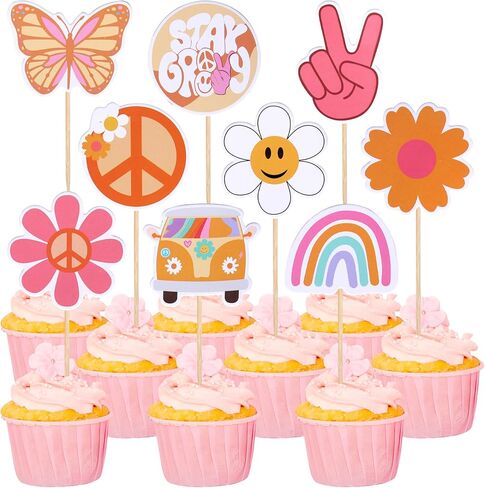 36 PCS Hippie Party Cupcake Toppers Peace Sign Hand Butterfly Two Groovy Cupcake Picks Dasiy Flower Bus 60s Retro Boho Cake Decorations for Hippie Two Groovy Carnival Theme 2nd Birthday Party Supplies in Saudi Arabia