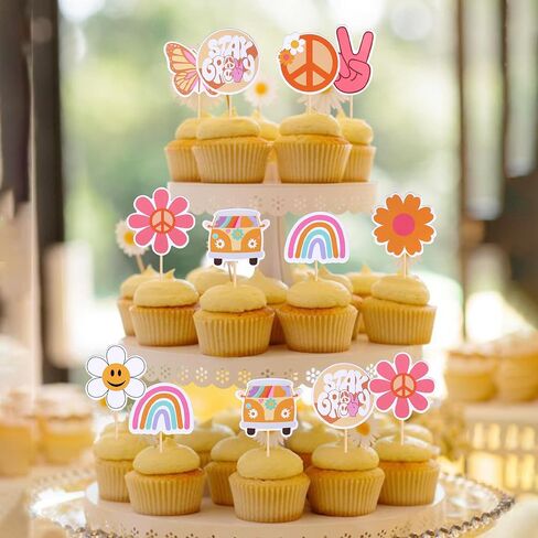 36 PCS Hippie Party Cupcake Toppers Peace Sign Hand Butterfly Two Groovy Cupcake Picks Dasiy Flower Bus 60s Retro Boho Cake Decorations for Hippie Two Groovy Carnival Theme 2nd Birthday Party Supplies in Saudi Arabia
