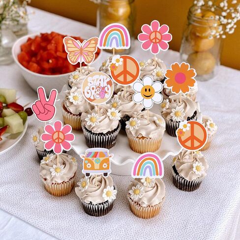 36 PCS Hippie Party Cupcake Toppers Peace Sign Hand Butterfly Two Groovy Cupcake Picks Dasiy Flower Bus 60s Retro Boho Cake Decorations for Hippie Two Groovy Carnival Theme 2nd Birthday Party Supplies in Saudi Arabia