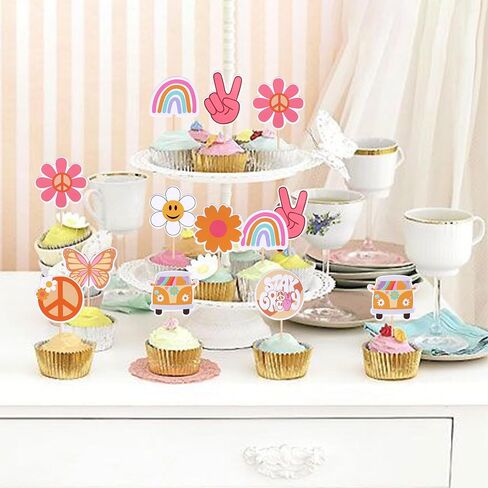 36 PCS Hippie Party Cupcake Toppers Peace Sign Hand Butterfly Two Groovy Cupcake Picks Dasiy Flower Bus 60s Retro Boho Cake Decorations for Hippie Two Groovy Carnival Theme 2nd Birthday Party Supplies in Saudi Arabia
