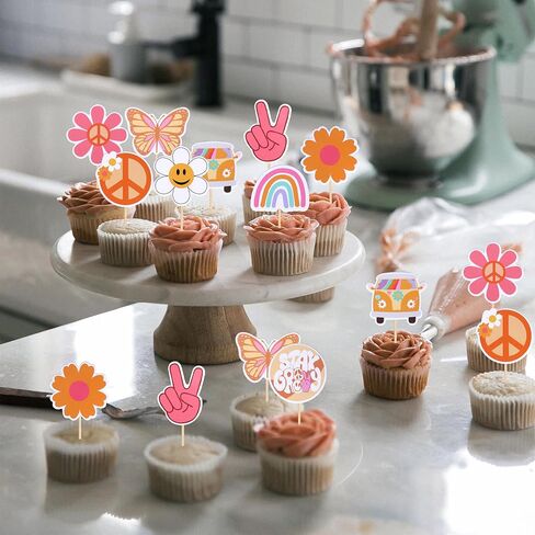 36 PCS Hippie Party Cupcake Toppers Peace Sign Hand Butterfly Two Groovy Cupcake Picks Dasiy Flower Bus 60s Retro Boho Cake Decorations for Hippie Two Groovy Carnival Theme 2nd Birthday Party Supplies in Saudi Arabia