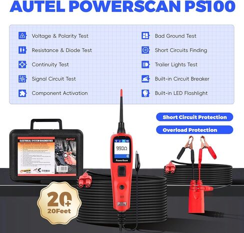 جهاز اختبار الدائرة الكهربائية Autel PowerScan PS100، جهاز اختبار كهربائي للسيارات 12 فولت 24 فولت، جهاز كشف قاطع الدائرة، اختبار التيار المتردد/التيار المستمر/الاستمرارية/الإشارة، تنشيط المكونات، مجموعة مسبار دائرة الطاقة مع كابل بطول 40 قدم in Saudi Arabia