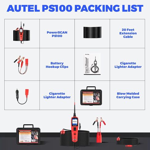 جهاز اختبار الدائرة الكهربائية Autel PowerScan PS100، جهاز اختبار كهربائي للسيارات 12 فولت 24 فولت، جهاز كشف قاطع الدائرة، اختبار التيار المتردد/التيار المستمر/الاستمرارية/الإشارة، تنشيط المكونات، مجموعة مسبار دائرة الطاقة مع كابل بطول 40 قدم in Saudi Arabia