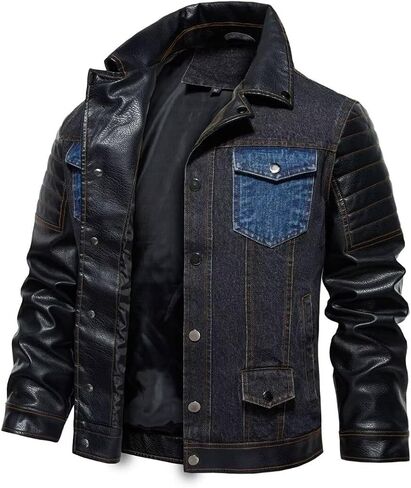 FTIMILD Mens Denim Jacket Block Pu Leather Full Zip Up Motorcycle Jacket Casual Jean Jacket with Multiple Pockets in Saudi Arabia