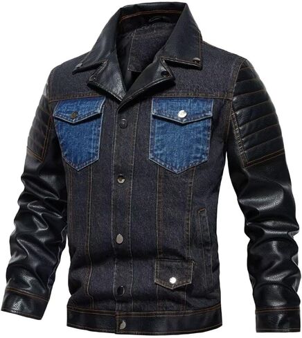 FTIMILD Mens Denim Jacket Block Pu Leather Full Zip Up Motorcycle Jacket Casual Jean Jacket with Multiple Pockets in Saudi Arabia