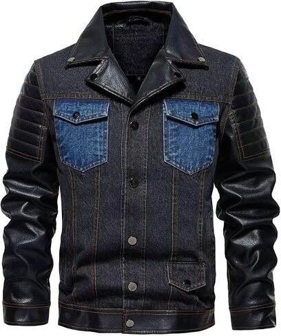 FTIMILD Mens Denim Jacket Block Pu Leather Full Zip Up Motorcycle Jacket Casual Jean Jacket with Multiple Pockets in Saudi Arabia