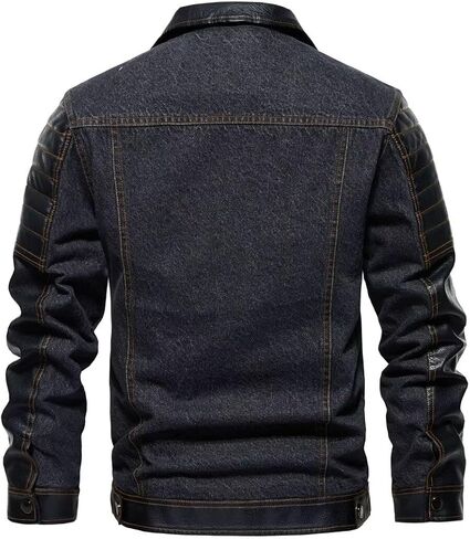 FTIMILD Mens Denim Jacket Block Pu Leather Full Zip Up Motorcycle Jacket Casual Jean Jacket with Multiple Pockets in Saudi Arabia