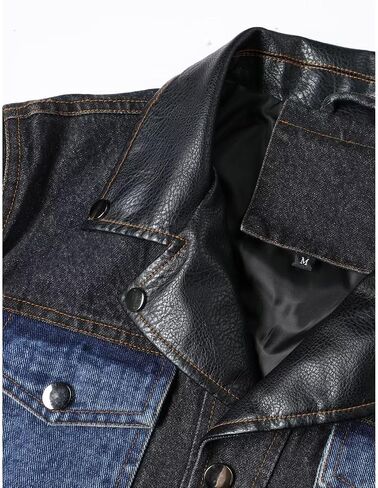FTIMILD Mens Denim Jacket Block Pu Leather Full Zip Up Motorcycle Jacket Casual Jean Jacket with Multiple Pockets in Saudi Arabia