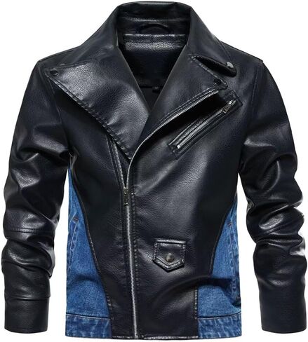 FTIMILD Mens Denim Jacket Block Pu Leather Full Zip Up Motorcycle Jacket Casual Jean Jacket with Multiple Pockets in Saudi Arabia