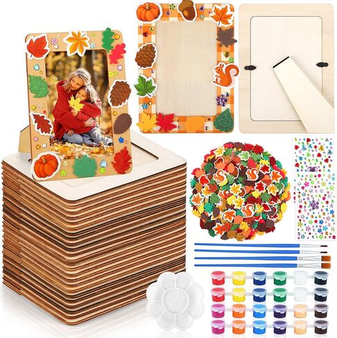 24 Packs Fall Picture Frame Painting Craft Kit with Foam Stickers Rhinestone Stickers Painting Tools Set Brushes Unfinished Wooden Photo Frames Thanksgiving Decoration for Paint and Decorate in Saudi Arabia