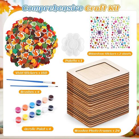 24 Packs Fall Picture Frame Painting Craft Kit with Foam Stickers Rhinestone Stickers Painting Tools Set Brushes Unfinished Wooden Photo Frames Thanksgiving Decoration for Paint and Decorate in Saudi Arabia