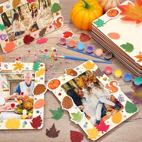 24 Packs Fall Picture Frame Painting Craft Kit with Foam Stickers Rhinestone Stickers Painting Tools Set Brushes Unfinished Wooden Photo Frames Thanksgiving Decoration for Paint and Decorate in Saudi Arabia