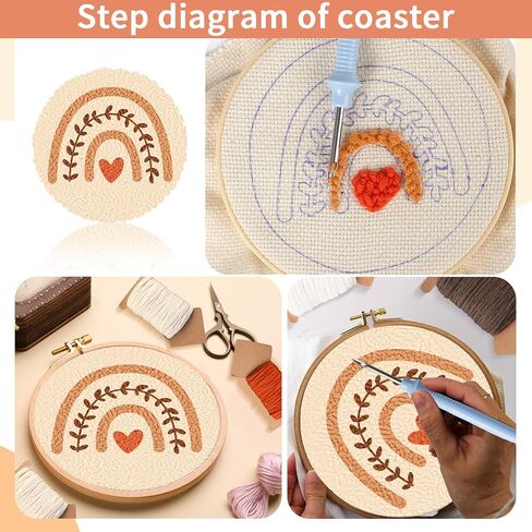 Punch Needle Coasters Kit, Punch Needle Embroidery Kit for Beginners and Adults Car Coasters DIY Rug Drink Coasters with Adhesive Felt Yarns Hoop Tools DIY Needle Punch Craft in Saudi Arabia
