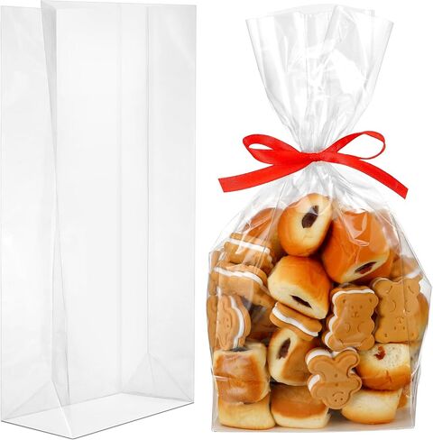 Humyoun 100 Pcs Gusseted Flat Bottom Cellophane Bags with Paper Insert Smores Bags Popcorn Cookie Bags for Gift Giving Goodie Clear Popcorn Bags Gusseted Cello Bags (1.97 x 3.94 x 7.87 Inches) in Saudi Arabia