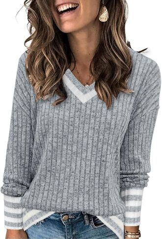 Heymiss Womens Sweatshirts V Neck Long Sleeve Shirts Loose Casual Fall Fashion Sweaters S-2XL in Kuwait