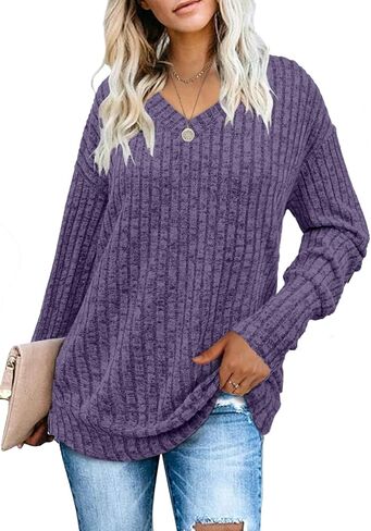 Heymiss Womens Sweatshirts V Neck Long Sleeve Shirts Loose Casual Fall Fashion Sweaters S-2XL in Kuwait