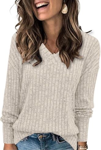 Heymiss Womens Sweatshirts V Neck Long Sleeve Shirts Loose Casual Fall Fashion Sweaters S-2XL in Kuwait