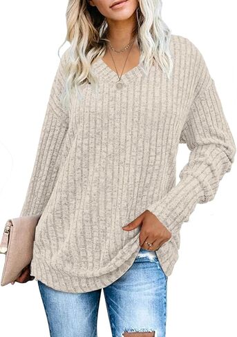 Heymiss Womens Sweatshirts V Neck Long Sleeve Shirts Loose Casual Fall Fashion Sweaters S-2XL in Kuwait