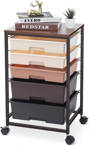 Utility Cart with 5 Drawers,Storage Drawer Cart with Wooden Tabletop and Lockable Wheels,Craft Storage Trolley Cart,5-Tier Rolling Utility Cart on Wheels,Dark Grey in Saudi Arabia