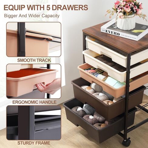 Utility Cart with 5 Drawers,Storage Drawer Cart with Wooden Tabletop and Lockable Wheels,Craft Storage Trolley Cart,5-Tier Rolling Utility Cart on Wheels,Dark Grey in Saudi Arabia