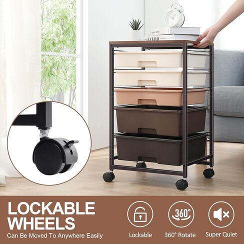 Utility Cart with 5 Drawers,Storage Drawer Cart with Wooden Tabletop and Lockable Wheels,Craft Storage Trolley Cart,5-Tier Rolling Utility Cart on Wheels,Dark Grey in Saudi Arabia