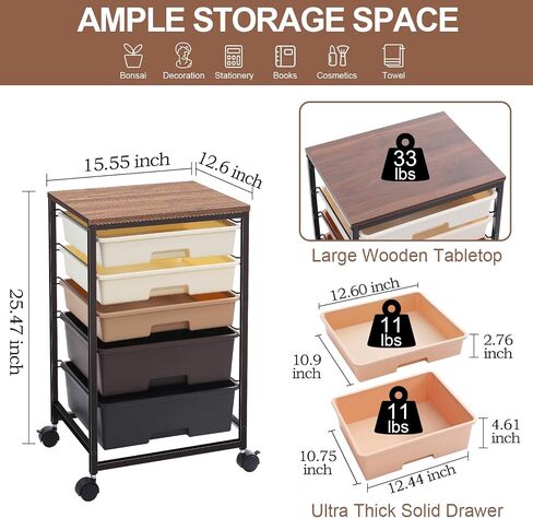Utility Cart with 5 Drawers,Storage Drawer Cart with Wooden Tabletop and Lockable Wheels,Craft Storage Trolley Cart,5-Tier Rolling Utility Cart on Wheels,Dark Grey in Saudi Arabia