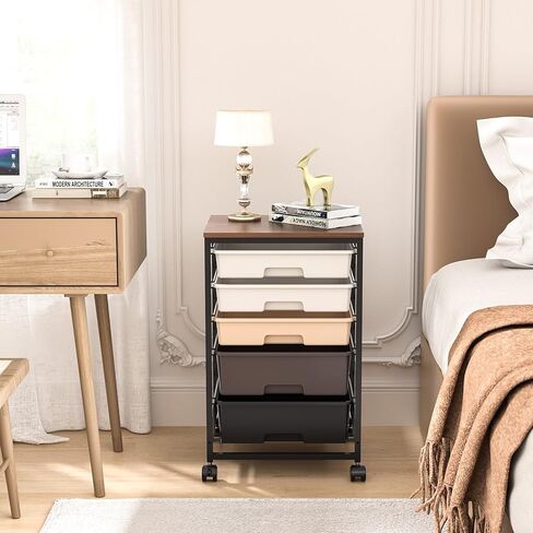 Utility Cart with 5 Drawers,Storage Drawer Cart with Wooden Tabletop and Lockable Wheels,Craft Storage Trolley Cart,5-Tier Rolling Utility Cart on Wheels,Dark Grey in Saudi Arabia