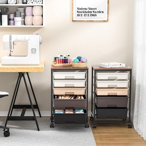 Utility Cart with 5 Drawers,Storage Drawer Cart with Wooden Tabletop and Lockable Wheels,Craft Storage Trolley Cart,5-Tier Rolling Utility Cart on Wheels,Dark Grey in Saudi Arabia