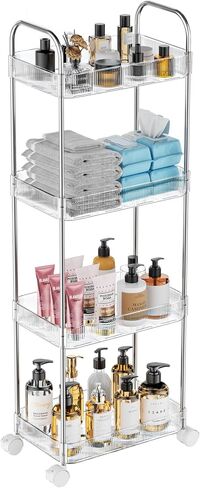 Vtopmart 4 Tier Rolling Storage Cart, Clear Bathroom Cart Organizer, Transparency Rolling Utility Cart, Mobile Shelving with Wheels for Bathroom, Laundry Room, Living Room, Narrow Places in Saudi Arabia