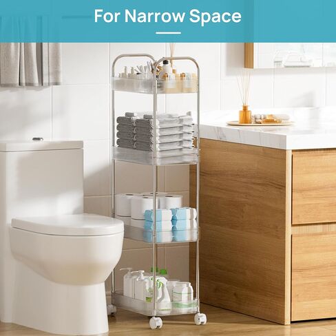 Vtopmart 4 Tier Rolling Storage Cart, Clear Bathroom Cart Organizer, Transparency Rolling Utility Cart, Mobile Shelving with Wheels for Bathroom, Laundry Room, Living Room, Narrow Places in Saudi Arabia
