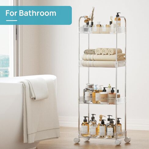 Vtopmart 4 Tier Rolling Storage Cart, Clear Bathroom Cart Organizer, Transparency Rolling Utility Cart, Mobile Shelving with Wheels for Bathroom, Laundry Room, Living Room, Narrow Places in Saudi Arabia