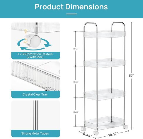 Vtopmart 4 Tier Rolling Storage Cart, Clear Bathroom Cart Organizer, Transparency Rolling Utility Cart, Mobile Shelving with Wheels for Bathroom, Laundry Room, Living Room, Narrow Places in Saudi Arabia
