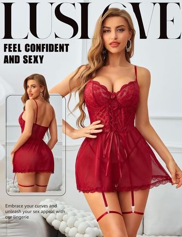 Women Lace Babydoll Lingerie - Sexy Chemise V Neck Nightgown Womens Mesh Sleepwear Strap Boudoir Garter Nightwear in Saudi Arabia