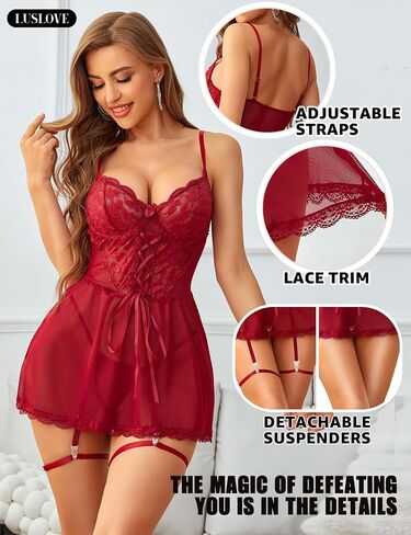 Women Lace Babydoll Lingerie - Sexy Chemise V Neck Nightgown Womens Mesh Sleepwear Strap Boudoir Garter Nightwear in Saudi Arabia