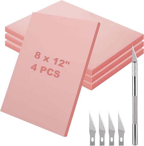 4Pcs Rubber Carving Block, 8 x 12 Linoleum Blocks for Printmaking, Stamp Carving Kit, Linoleum Block with Cutter Tools for Stamp Carving, DIY Printmaking, Pink in Saudi Arabia