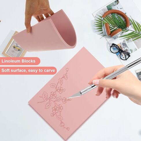 4Pcs Rubber Carving Block, 8 x 12 Linoleum Blocks for Printmaking, Stamp Carving Kit, Linoleum Block with Cutter Tools for Stamp Carving, DIY Printmaking, Pink in Saudi Arabia