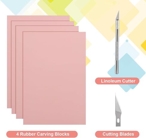 4Pcs Rubber Carving Block, 8 x 12 Linoleum Blocks for Printmaking, Stamp Carving Kit, Linoleum Block with Cutter Tools for Stamp Carving, DIY Printmaking, Pink in Saudi Arabia