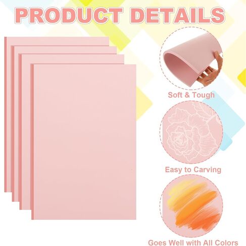 4Pcs Rubber Carving Block, 8 x 12 Linoleum Blocks for Printmaking, Stamp Carving Kit, Linoleum Block with Cutter Tools for Stamp Carving, DIY Printmaking, Pink in Saudi Arabia